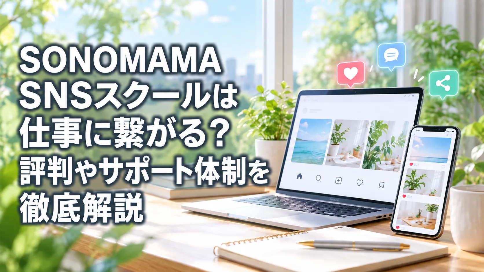 明るいデスク上のパソコンとスマートフォンにSNS画面が表示され、SONOMAMA SNSスクールの評判や仕事につながるサポート体制を表現した画像。
