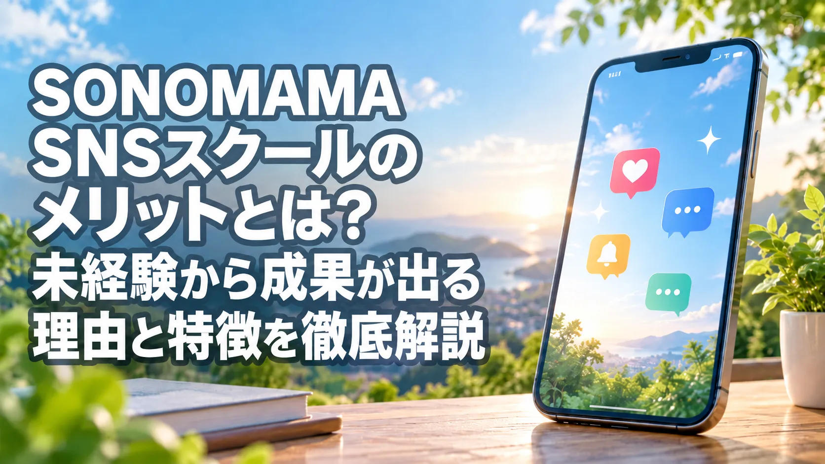 自然豊かな景色を背景に、SNSの通知アイコンが表示されたスマートフォンと「SONOMAMA SNSスクールのメリットとは？未経験から成果が出る理由と特徴を徹底解説」の文字を配置したアイキャッチ画像。