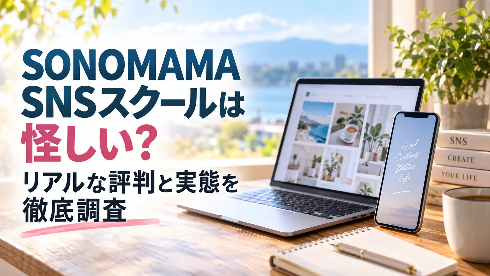 SONOMAMA SNSスクールの評判と実態を調査する記事を表した、ノートパソコンとスマートフォンが置かれた明るいデスクのアイキャッチ画像。